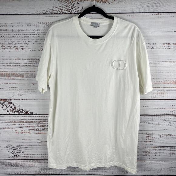 Dior T Shirt Men's Size XL White CD Embroidered Icon Short Sleeve Tee